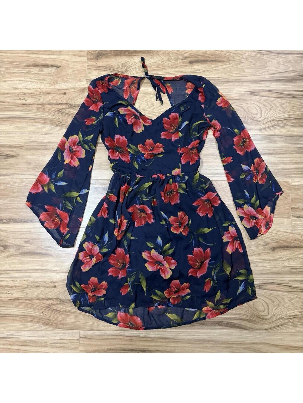 Hollister Navy Floral Mini Dress Sheer Long Sleeve Open Back Ruched Waist M